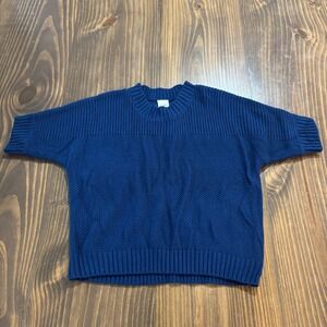 BLAIR Womens Knit Sweater Large Navy Blue Short Sleeve Pullover Cotton Blend